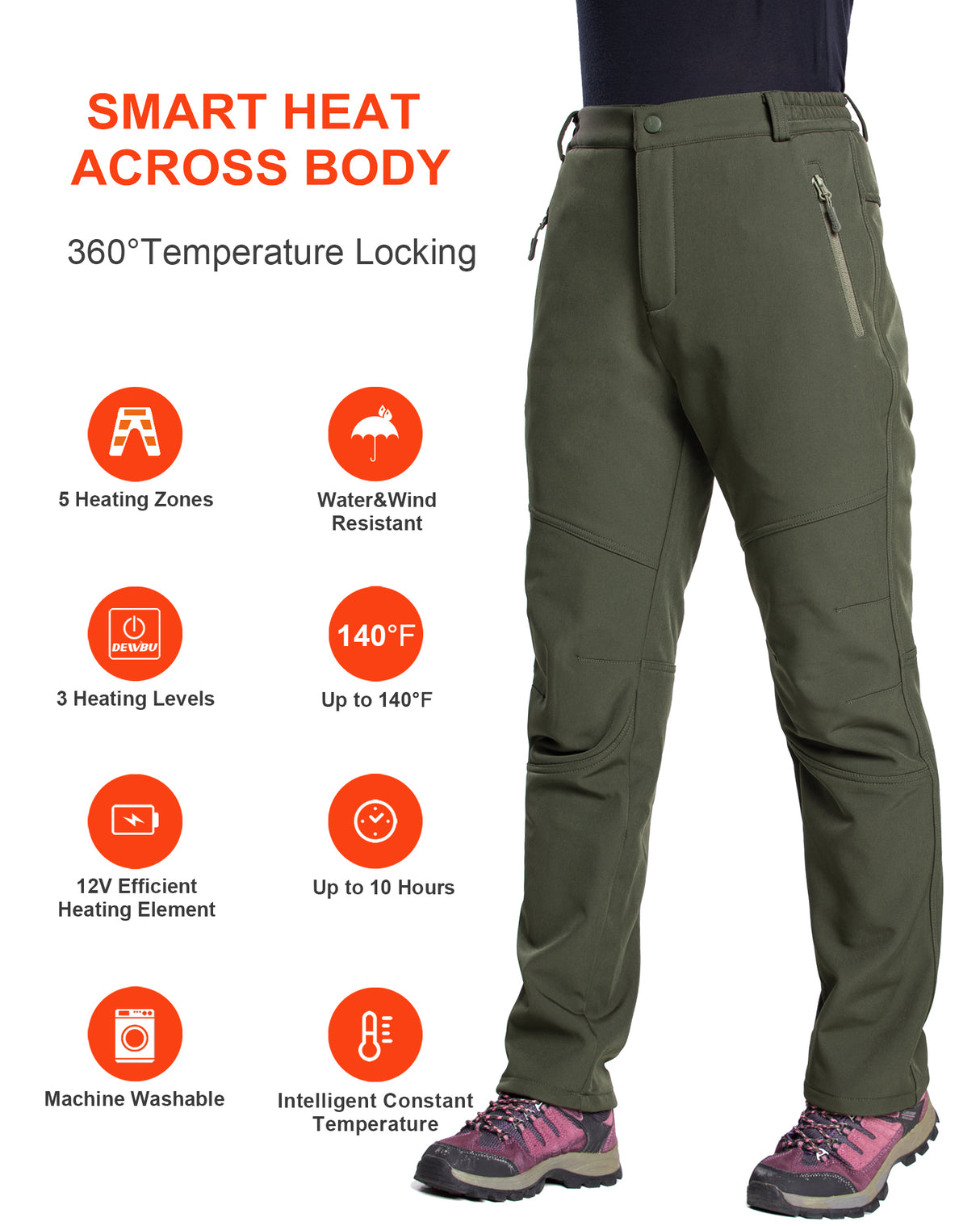 Women's Soft Shell  Heated Pants with 12V Battery Pack Fleece Lined -Olive Green