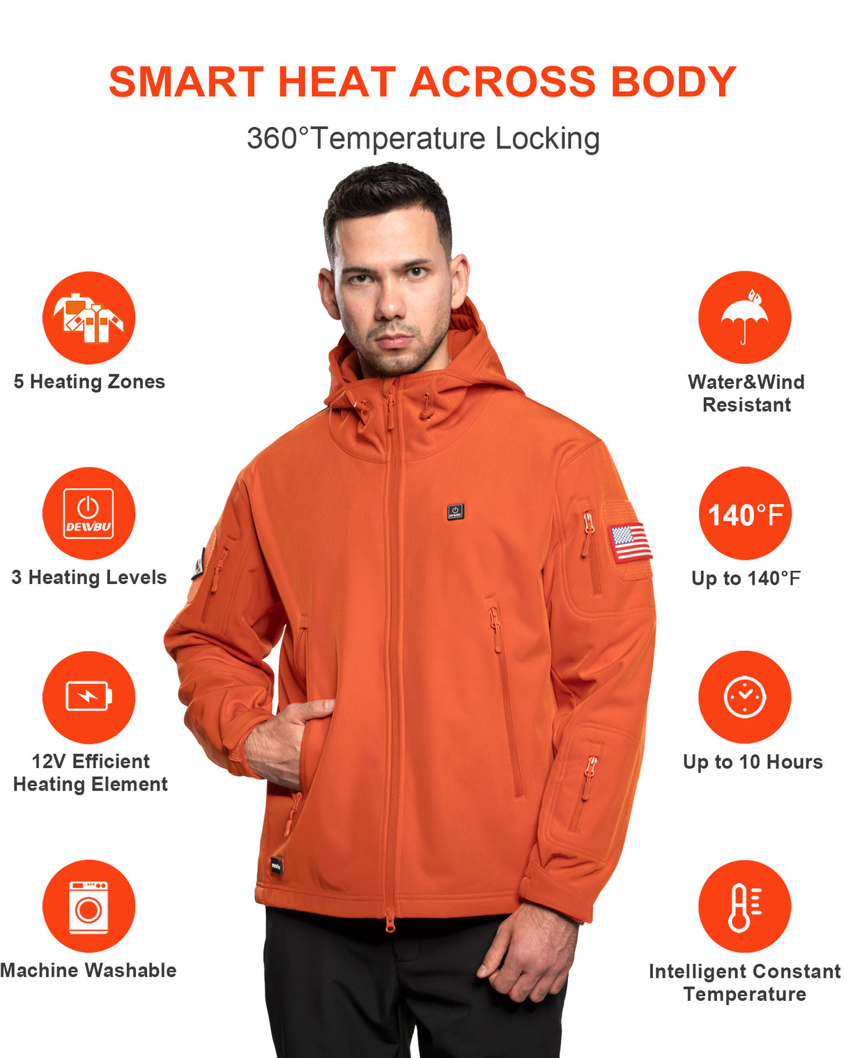 Men's Soft Shell Heated Jacket With 12V Battery Pack - Orange