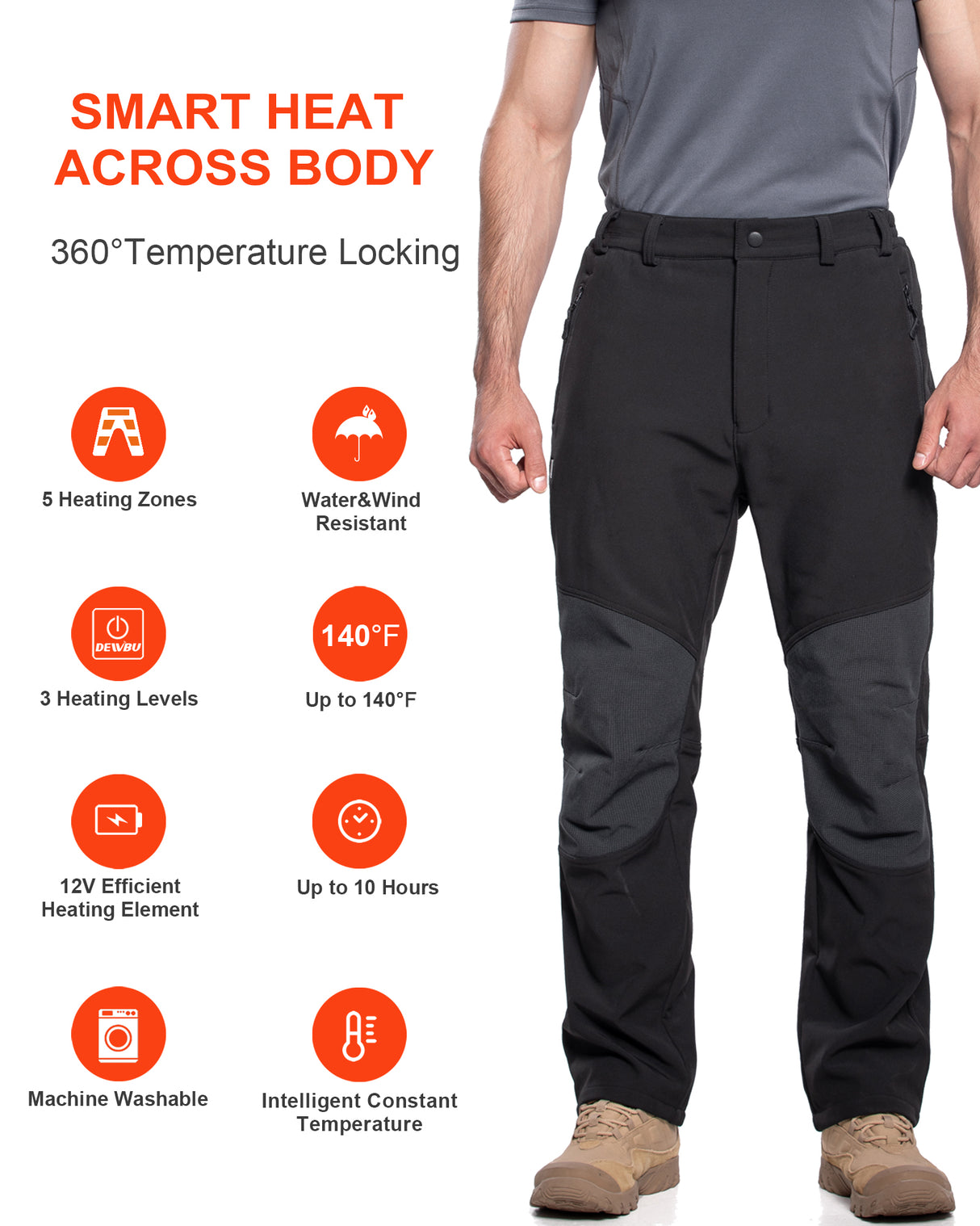 Men's Soft Shell  Heated Pants with 12V Battery Pack Fleece Lined - Black