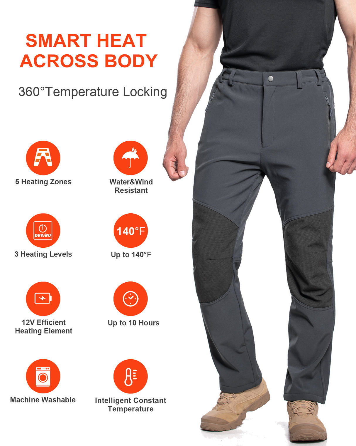 Men's Soft Shell  Heated Pants with 12V Battery Pack Fleece Lined - Gery