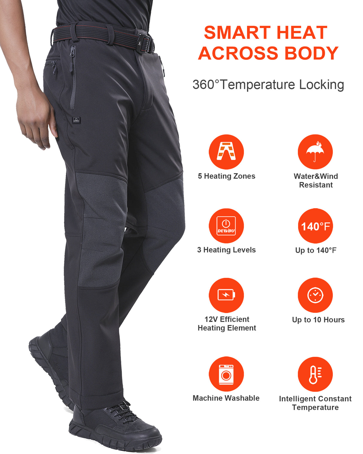 Men's Soft Shell  Heated Pants with 12V Battery Pack Fleece Lined - Black