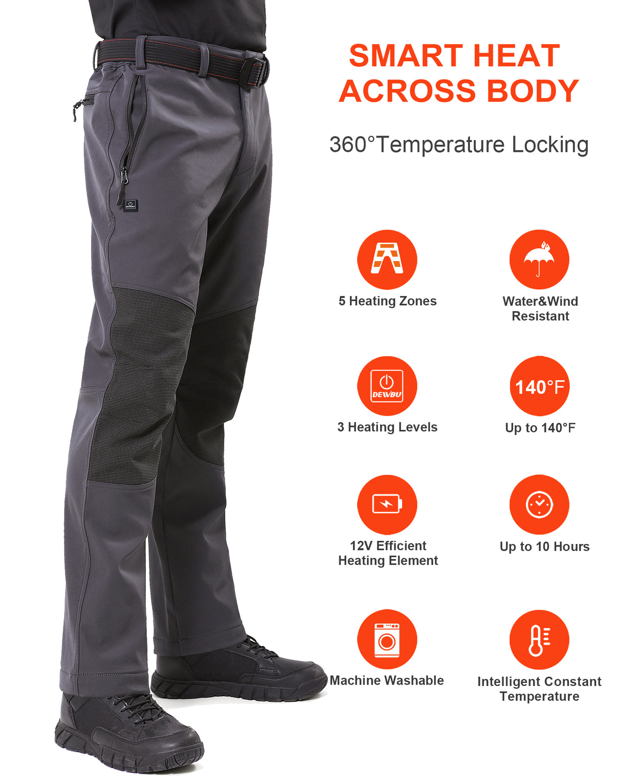 Men's Soft Shell  Heated Pants with 12V Battery Pack Fleece Lined - Gery