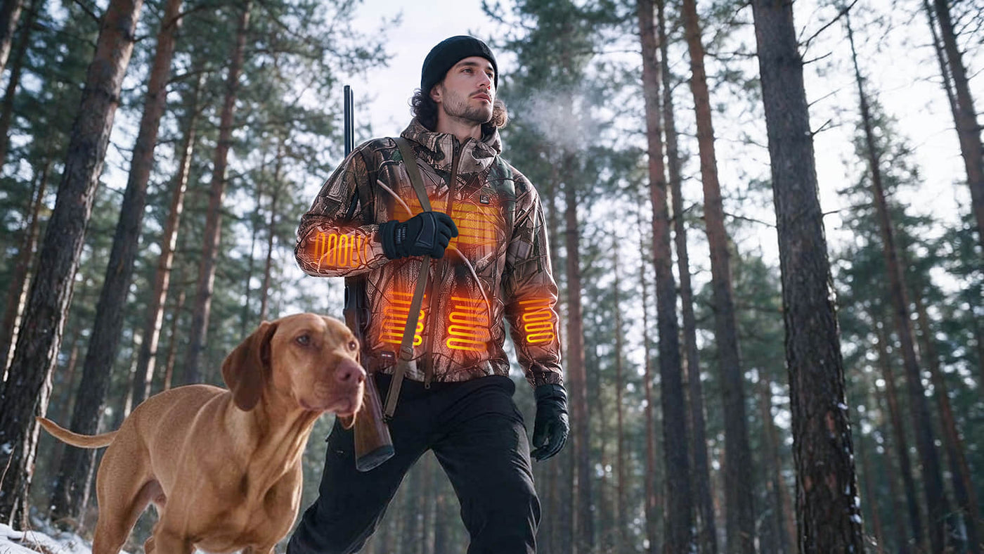 Person wearing a DEWBU 12V heated jacket while hunting in a cold outdoor environment