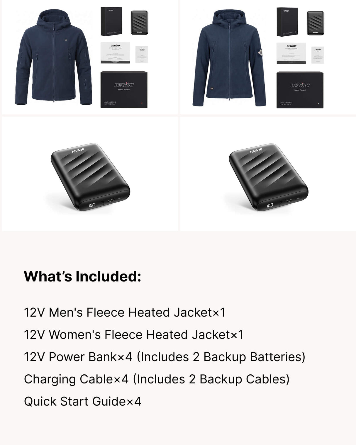 12V His & Hers Everyday-Comfort Fleece Heated Jacket & Extra Battery Bundle in Navy Blue