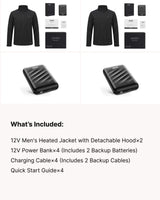 12V Detachable Hood Heated Jacket & Extra Battery Gift Bundle for Men