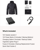 12V Hunting/Outdoor Softshell Heated Jacket & Accessory Bundle in Camo Black