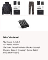 12V Hunting/Outdoor Full-Body Softshell Heated Suit  & Extra Battery Bundle in Camo Black
