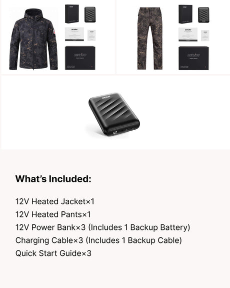 12V Hunting/Outdoor Full-Body Softshell Heated Suit  & Extra Battery Bundle in Camo Black