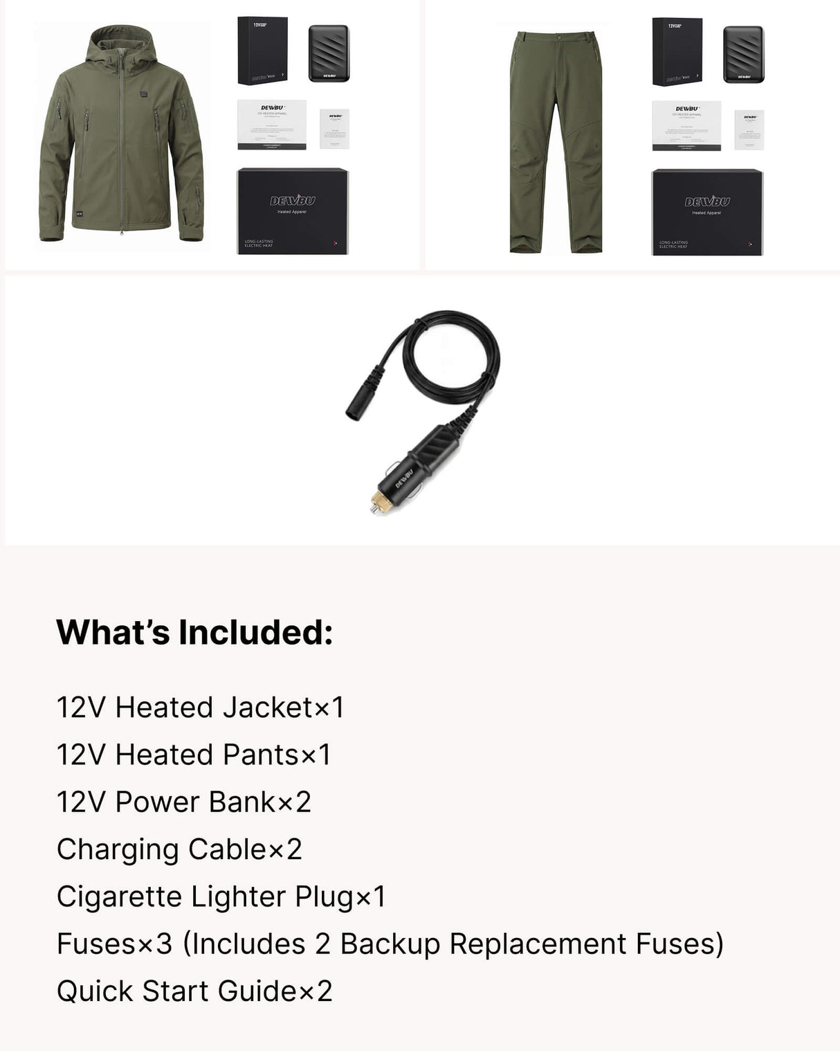 12V Hunting/Outdoor Full-Body Softshell Heated Suit & Cigarette Lighter Cable Bundle in Olive Green