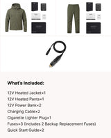 12V Hunting/Outdoor Full-Body Softshell Heated Suit & Cigarette Lighter Cable Bundle in Olive Green