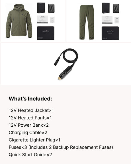 12V Hunting/Outdoor Full-Body Softshell Heated Suit & Cigarette Lighter Cable Bundle in Olive Green