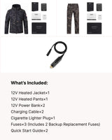 12V Hunting/Outdoor Full-Body Softshell Heated Suit  & Cigarette Lighter Cable Bundle in Camo Black