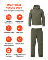 12V Hunting/Outdoor Full-Body Softshell Heated Suit & Cigarette Lighter Cable Bundle in Olive Green