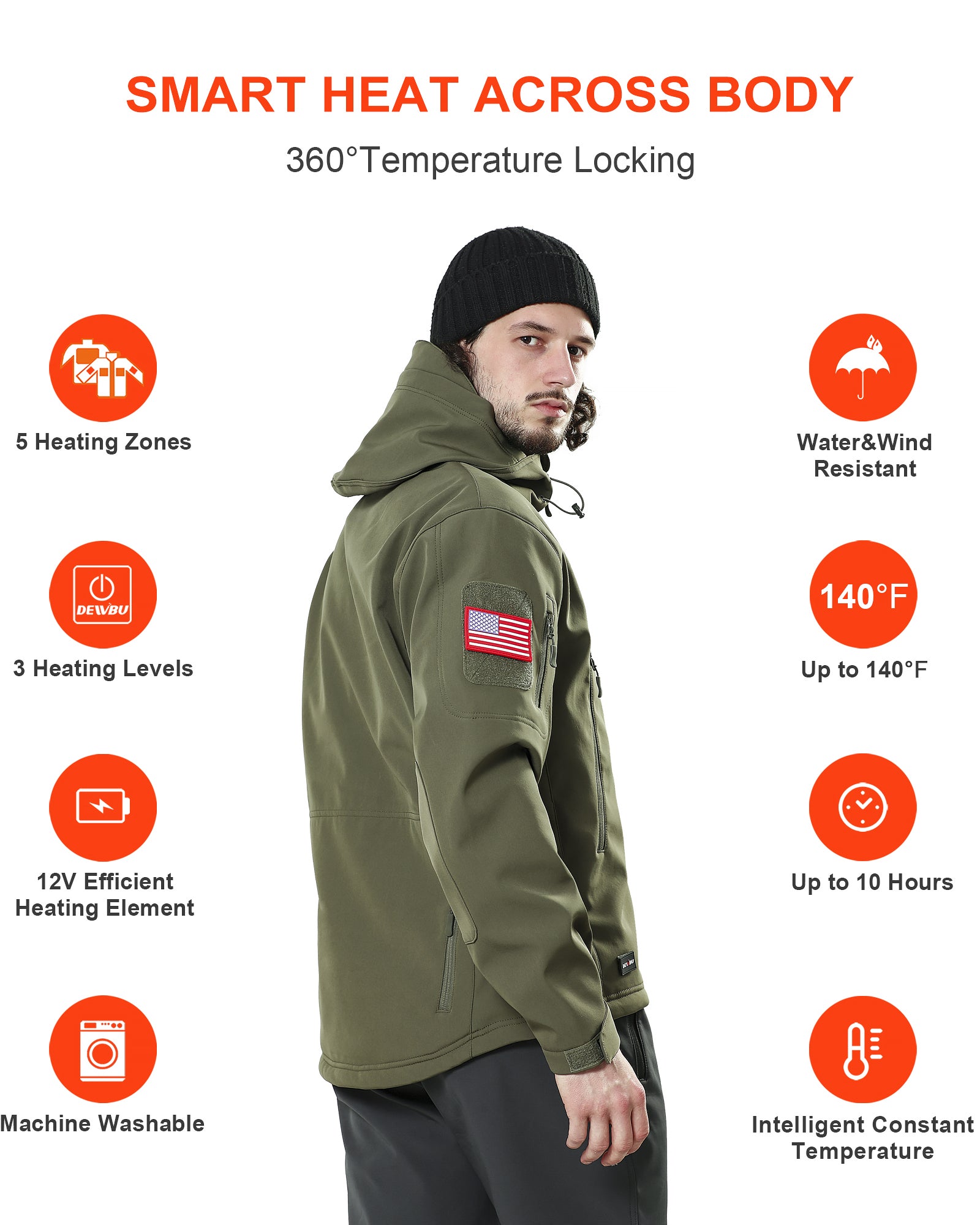 DEWBU Men s Soft Shell Heated Jacket With 12V Battery Pack Olive