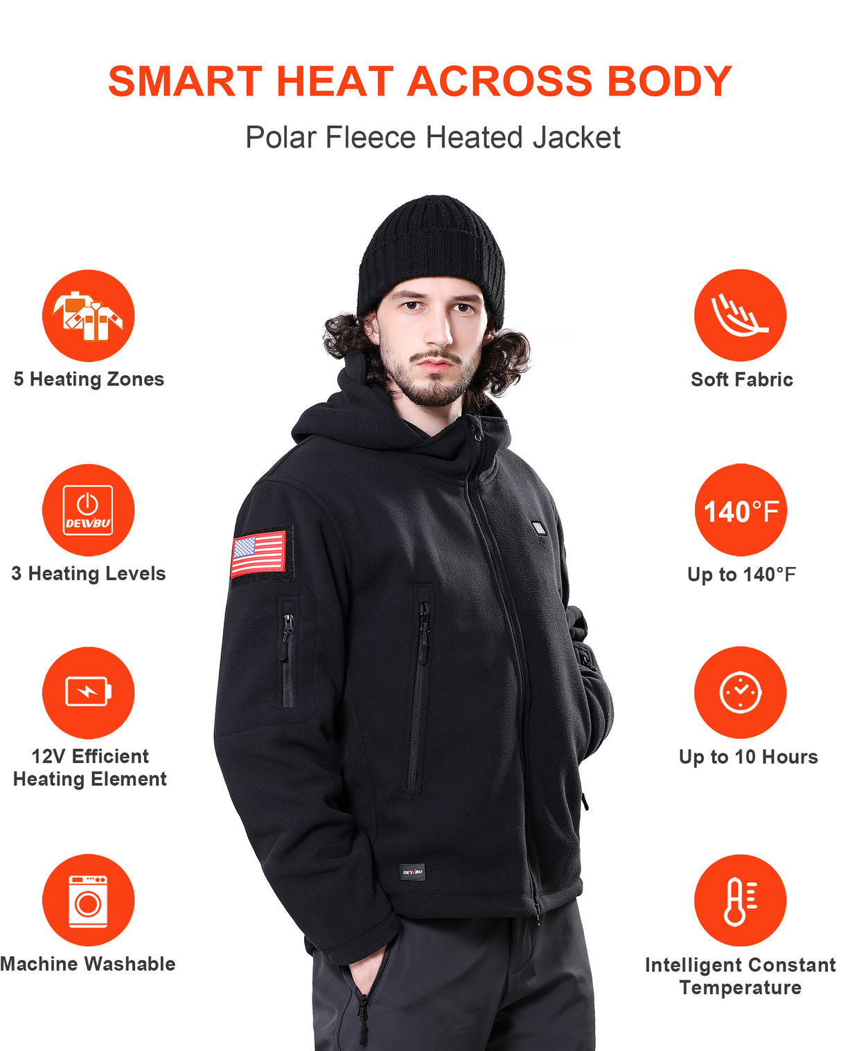 DEWBU Men's Polar Fleece Heated Jacket with 12V Battery Pack - Black Black / XL