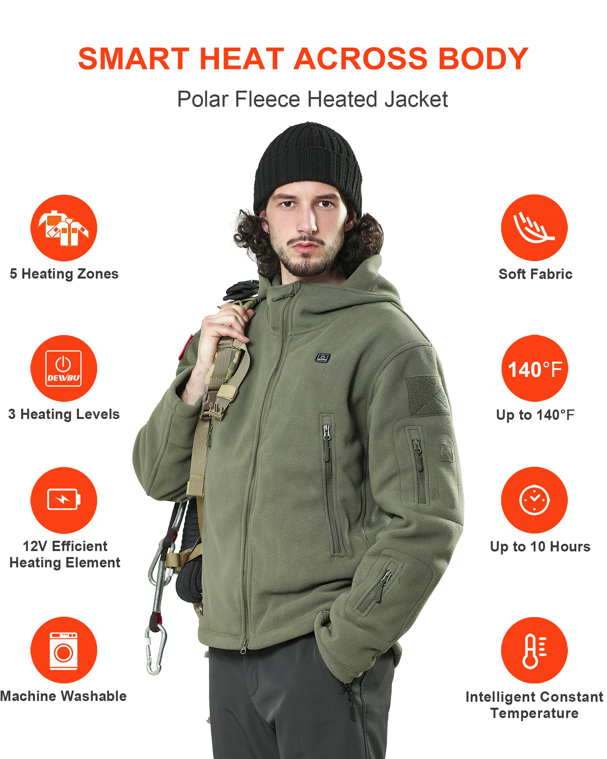 Men's Polar Fleece Heated Jacket With 12V Battery Pack - Olive Green